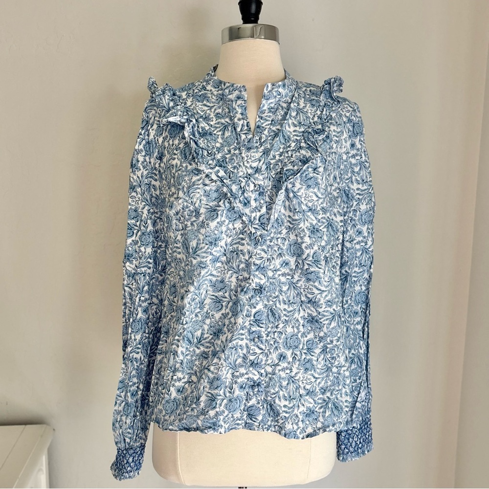 Blue & White Floral Print Puff Sleeve 100% Cotton Ruffle Accent Button Down, LG